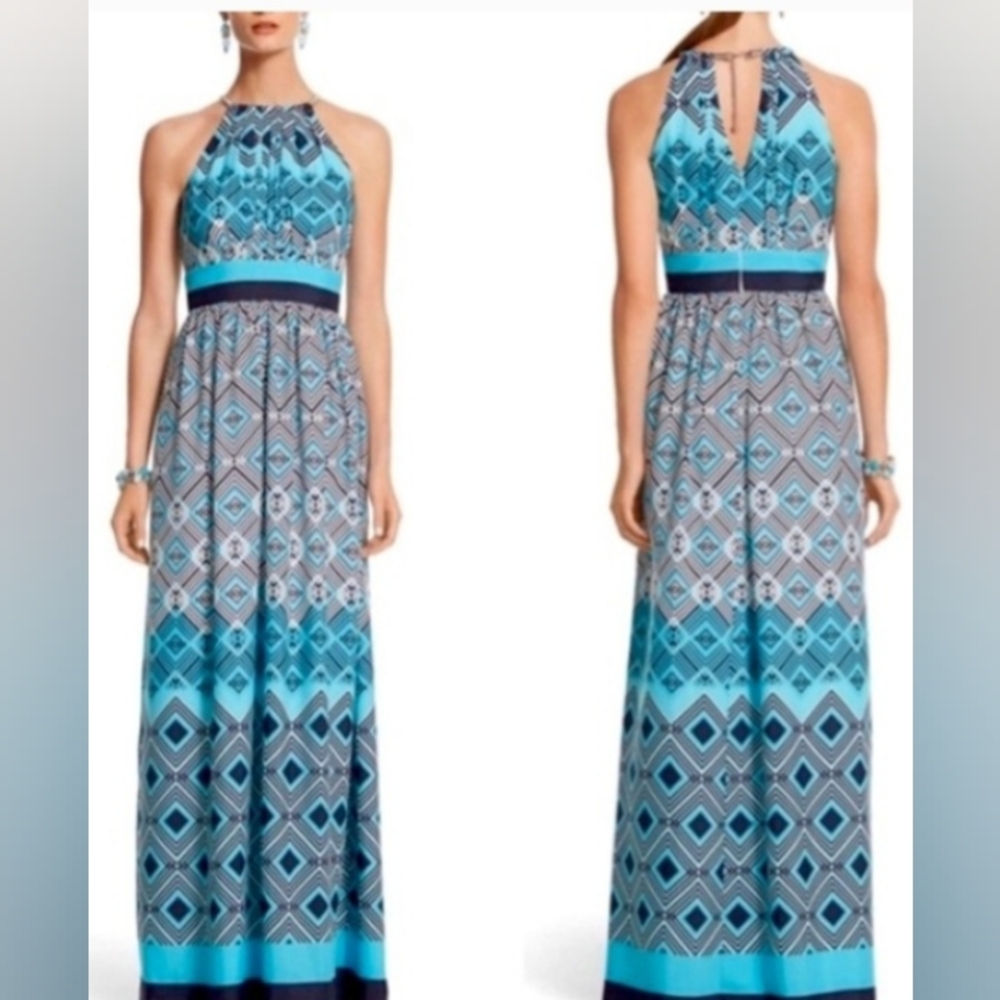 White House Black Market Teal, Navy and Black Geometric Maxi Dress. NWOT. Size 4